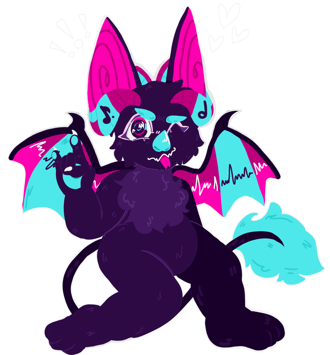 A dark purple bat with horns that look like headphones. Each one has a different kind of music note. Their body is accented with bright blue and pink and they are plus size.