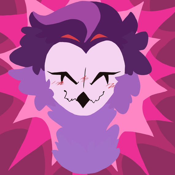 A headshot of a purple owl anthro being happy. There are pink burst shapes behind him in different shades.
