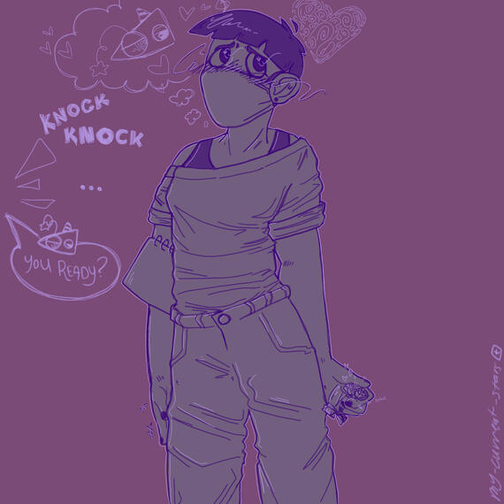 A very flustered androgynous person is crushing flowers because they're distracted daydreaming about their crush. Their crush is calling them to see if they're ready, presumably to do something or go somewhere.