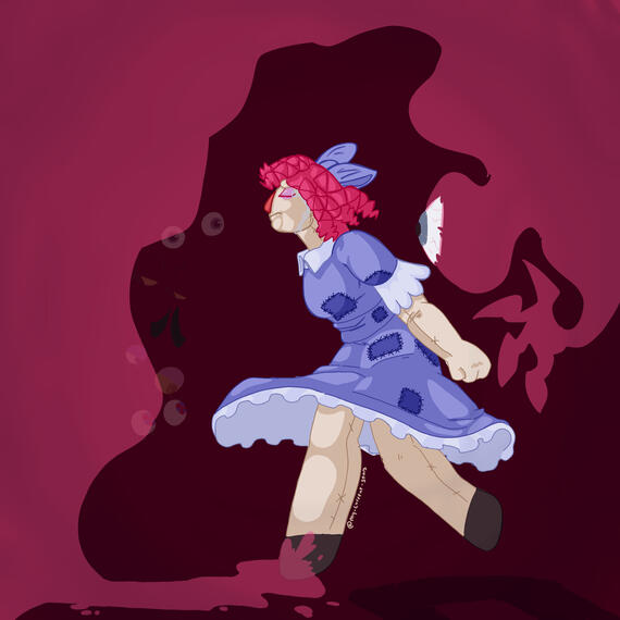 A lady is crying and dancing alone while a mysterious eye looks at her. The lady is in a periwinkle dress and has curly red hair. In the red fog the eye creates, there are more eyes looking at her.