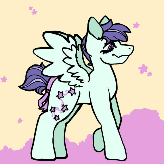 Pastel green pegasus with purple mane is being very cute. Look at the ribbon on her tail!
