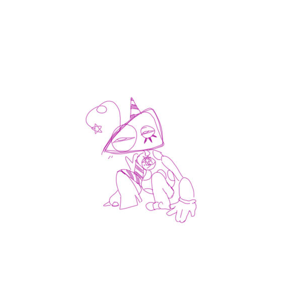 Silly toybox character looks tired and dazed and annoyed and alone